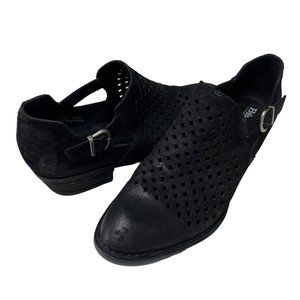 Born Womens 7 M Black Leather Laser Cut Perforated Booties Ankle Boots Buckle
